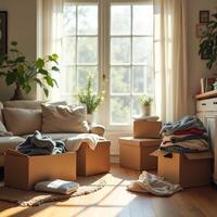 Sunlit Living Room Filled with Moving Boxes and Cozy Textiles for New Home photo