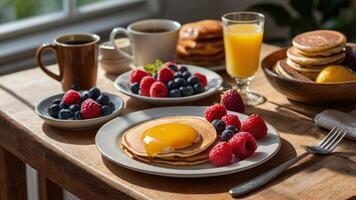 Delicious Pancake Breakfast with Berries and Coffee for a Perfect Start photo