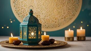 Elegant Teal Lantern Display with Candles and Dates for Festive Occasion photo