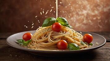 Delicious spaghetti dish with fresh basil, tomato and falling cheese photo