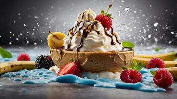 Delicious dessert with cream, chocolate sauce and fresh fruits in the background with water splash, mouth watering photo