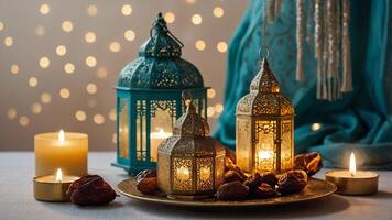Enchanting Ramadan Nights, Lanterns, Dates, and Candlelight Still Life photo