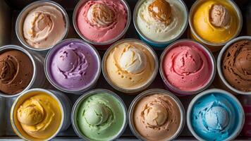 Assortment of colorful homemade ice cream in metal containers showcasing various flavors and textures for a refreshing treat photo