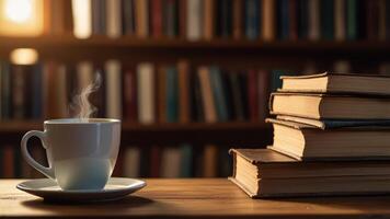 A Cozy Reading Nook, Stack of Books and Steaming Coffee Cup in Library photo