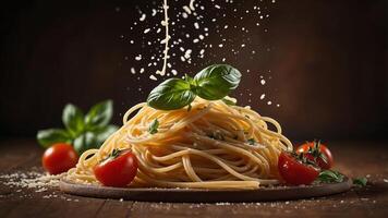 Delicious Spaghetti with Fresh Basil and Tomatoes, Parmesan cheese being sprinkled on top photo