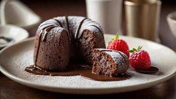 Delectable Chocolate Lava Cake with Fresh Raspberries and Powdered Sugar, a Sweet Indulgence photo