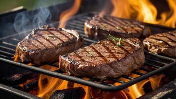 Delicious steaks cooking over an open flame on a barbecue grill photo