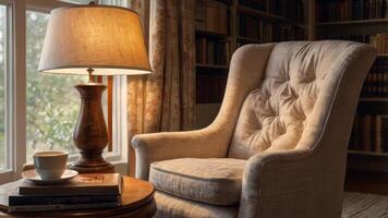 Cozy reading nook with armchair, lamp, books, and a cup of coffee near the window offering a peaceful retreat photo