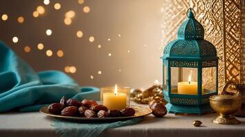 Serene Ramadan Still Life with Dates, Lantern, and Candlelight Ambiance photo
