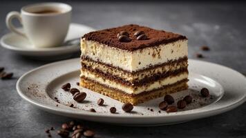 Tiramisu Cake Slice with Coffee Beans and Beverage on Plate photo