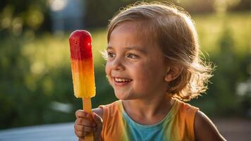 A delightful young child enjoys a vibrant tri-color popsicle on a sunny day photo