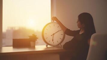 Woman Adjusting Clock Next to Window at Sunrise, Time Management photo