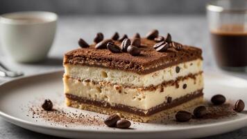Delicious Tiramisu Cake with Coffee Beans and Cocoa Powder Decoration photo