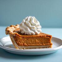 Delicious Slice of Homemade Pumpkin Pie with Whipped Cream Topping photo