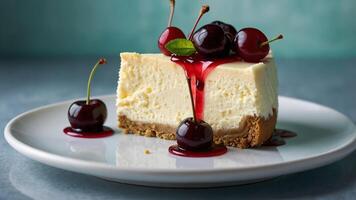 Slice of decadent cheesecake with cherries and red syrup for a special occasion photo