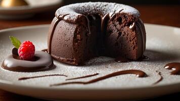 Delicious chocolate lava cake with raspberry and chocolate sauce, a decadent dessert photo