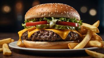 Delicious and Mouthwatering Burger with Crispy Fries close up shot photo