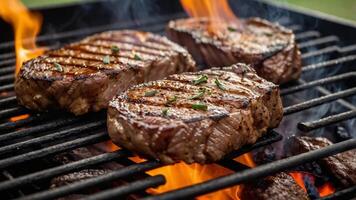 Delicious and mouthwatering steaks grilling on a barbecue with flames and smoke photo
