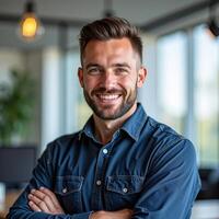 Confident young entrepreneur posing in a modern office environment photo
