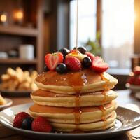 Stack of Delicious Pancakes Topped with Fresh Berries and Maple Syrup Drizzled, Ready to eat photo