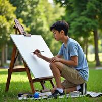 Young artist painting on canvas in the park, expressing creativity, enjoying nature and pursuing his artistic passion on a sunny day photo