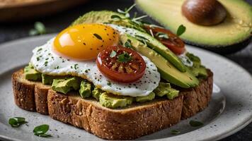 Delicious avocado toast with fried egg and tomato on a plate ready to eat photo