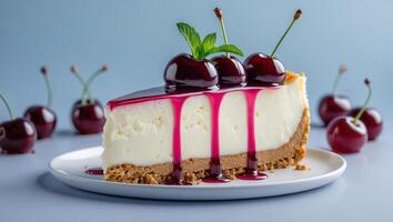 Delicious cheesecake slice with cherry topping on a bright backdrop photo
