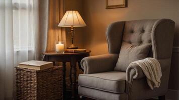 Cozy reading nook with comfortable armchair, soft lighting, and inviting ambiance photo