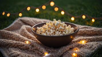 Cozy outdoor movie night with popcorn and string lights on a blanket photo