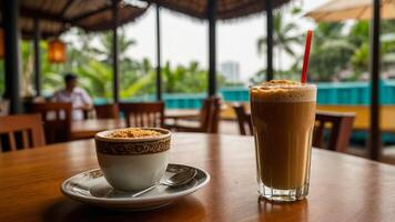 Aromatic Coffee Duo, A Refreshing Cafe Scene with Cityscape Backdrop photo
