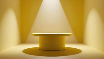 Minimalist yellow podium with spotlight, creating a clean and modern stage, perfect for showcasing products or designs in advertisements photo
