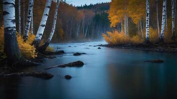 Autumnal River Scene with Birch Trees and Vibrant Foliage at Dusk photo