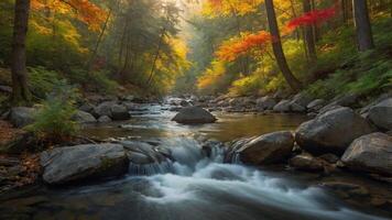 Captivating Autumn Scenery, Serene River Flowing Through a Colorful Forest photo