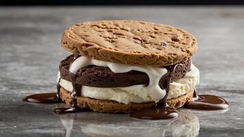 Delicious Ice Cream Sandwich with Cookies and Chocolate Sauce Delight photo