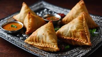 Delicious Samosas on a Silver Platter Ready to be Served as Appetizers photo