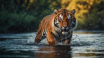 Majestic Tiger Strolling in Serene River, Reflecting Power and Nature's Splendor photo