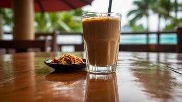 Refreshing tropical beverage with dessert on a polished wooden table photo