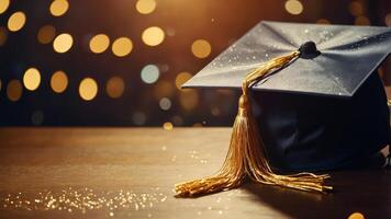 Elegant Graduation Cap with Golden Tassel on Wooden Surface, Bokeh Lights Background photo