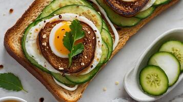 Delicious breakfast toast with fried egg, cucumber slices and fresh herbs photo