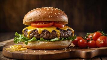Delicious cheeseburger with juicy patty, melted cheese and fresh toppings on wooden board photo