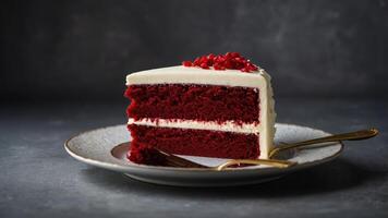 Delicious Slice of Red Velvet Cake with Cream Cheese Frosting photo