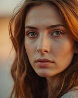 Close-up portrait of a beautiful young woman with green eyes and red hair in soft, warm light creating a serene and captivating atmosphere photo