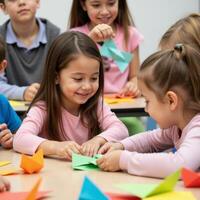 Enthusiastic children engrossed in an origami class, fostering creativity and teamwork in a learning environment photo
