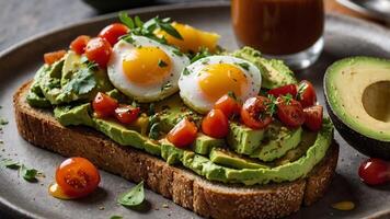 Delicious avocado toast with fried eggs and cherry tomatoes, a vibrant and healthy breakfast option perfect for a nutritious start to the day photo