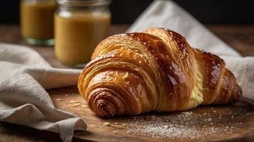 Delicious Freshly Baked Croissant with Custard Filling on Wooden Board photo