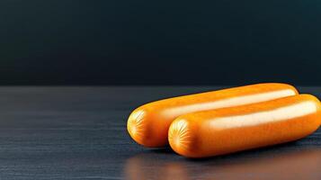 Two glistening sausages resting on dark surface, their smooth skin reflecting light, copy space photo