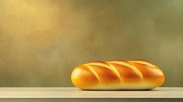Freshly baked loaf of bread on wood table on blurred background, with copy space photo