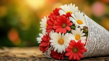 Bouquet of red and white daisies, wrapped in newspaper, on blurred background, with copy space photo