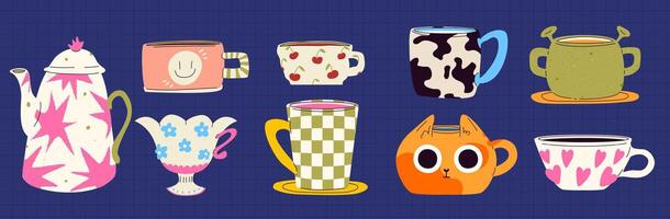 A set of ceramic mugs and a groovy style teapot. With different textures and patterns and prints. Organic shapes. contemporary illustration vector
