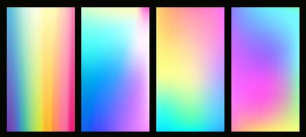 Set of rainbow ombre gradient pattern with pastel texture. Soft hologram blur and neon aura in modern digital wallpaper. Surreal vibrant design with radiant liquid and graphic elements. vector